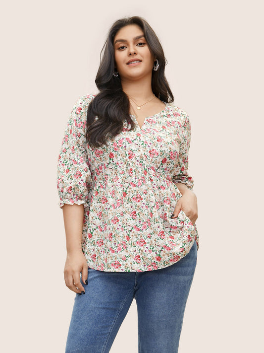 Ditsy Floral Notched Gathered Ruffles Blouse